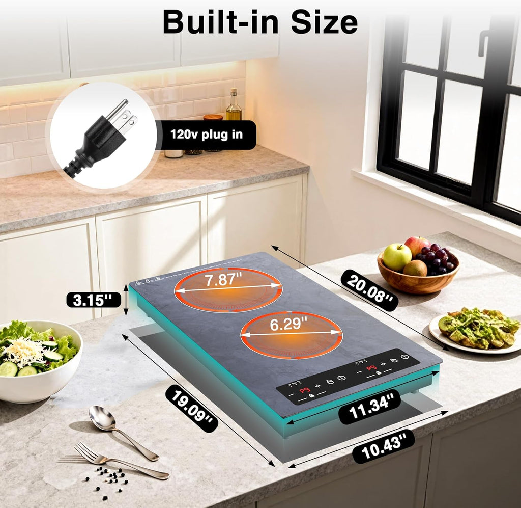Double Induction Cooktop Portable Electric Cooktop 12 Inch, 110V Induction Burner Hot Plate with Safety Lock, Auto Shutoff Timer Setting, 9 Heating Level and Overheating Protection