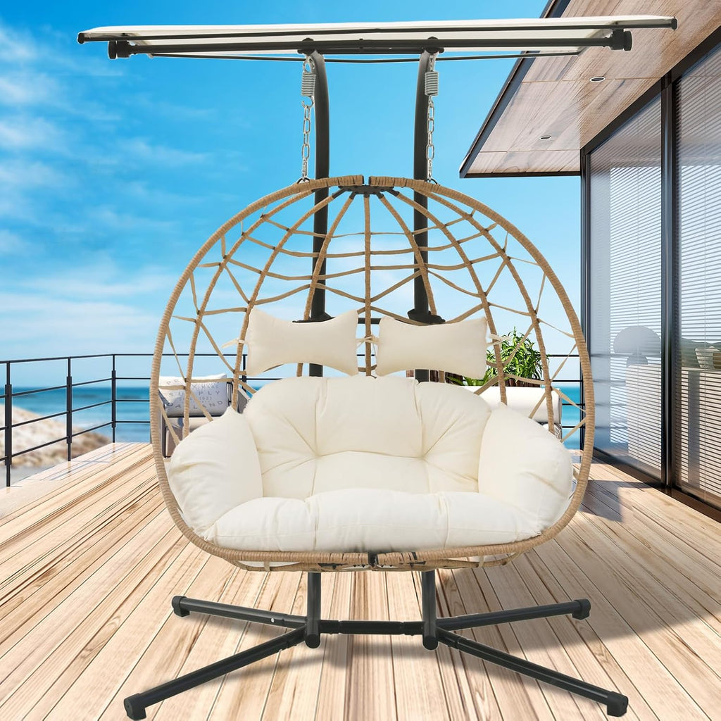 2 Person Hanging Egg Chair with Canopy, Outdoor Rattan Swing Hammock Basket Chair with Soft Cushion, Wicker Egg Chair for Outdoor Patio, Balcony, Garden (White)