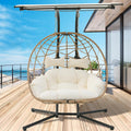 2 Person Hanging Egg Chair with Canopy, Outdoor Rattan Swing Hammock Basket Chair with Soft Cushion, Wicker Egg Chair for Outdoor Patio, Balcony, Garden (White)