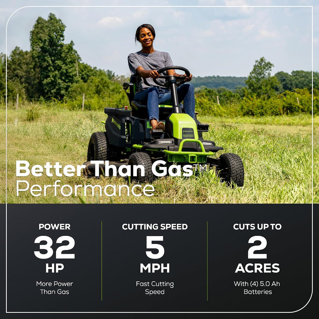 Greenworks 80V 42' Riding Lawn Mower (2 Acre, 32 HP Gas Equivalent, 5 MPH, Cargo Bin, Tow Up to 200 lbs.), (4) 5.0Ah Batteries (1,600 Wh Max) + Turbo Wall Charger