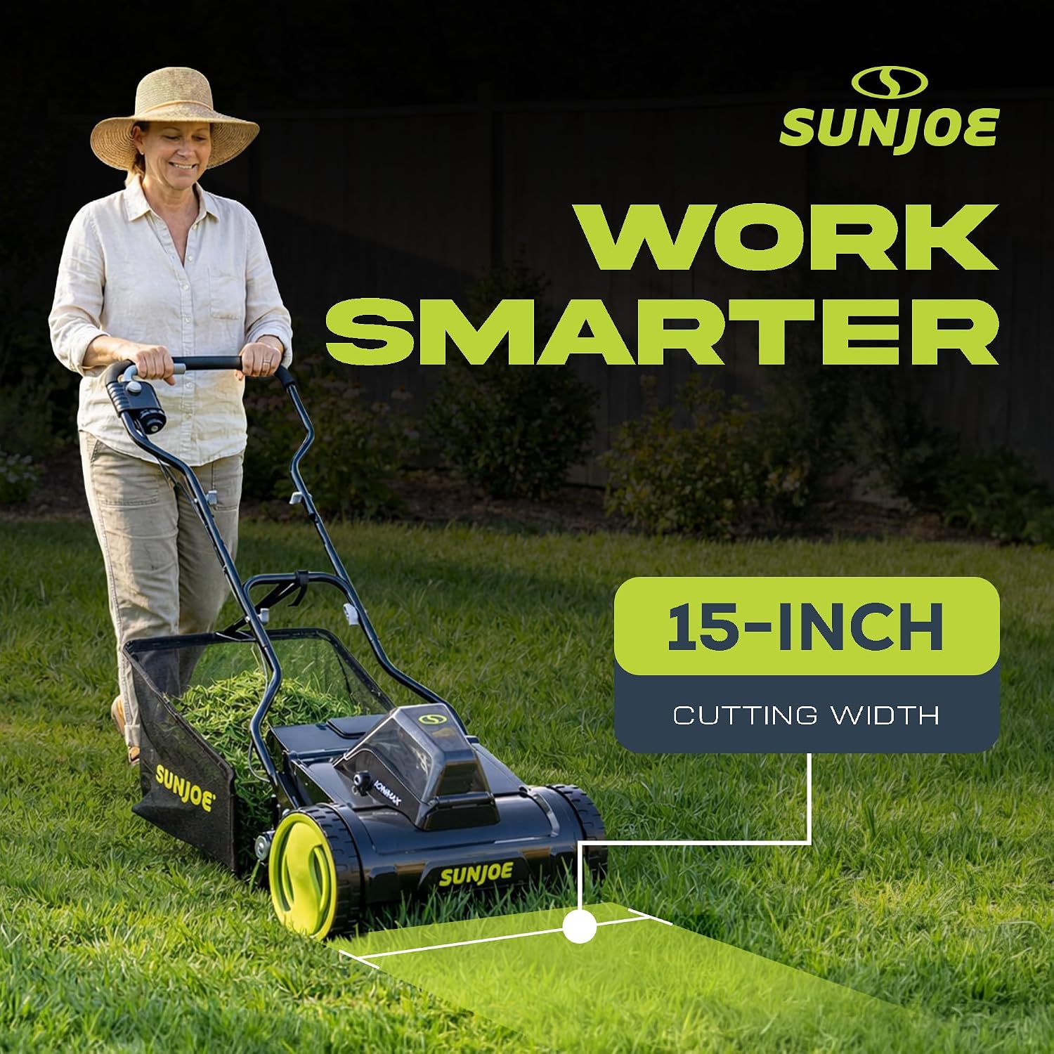 Sun Joe Cordless Electric Push Lawn Mower with 11.9-Gal Bag, 15-Inch Cutting Width, 360W Motor - Heavy-Duty Yard Trimmer for Gardening Care and Maintenance, IONMAX 24V-CRLM15