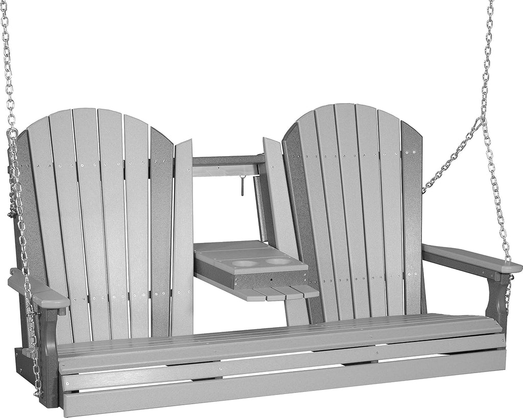 LuxCraft 5' Adirondack Hanging Porch Swing with Flip Down Console, Outdoor Patio Swing, Front Porch Swing, Outdoor Swing Bench (Dove Gray & Slate)