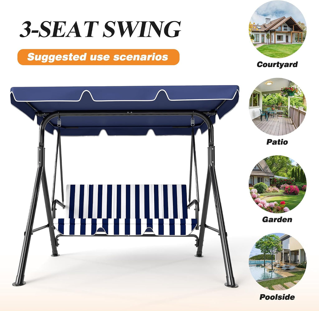 GARTOO 3-Seat Patio Swing Chair, Outdoor Porch Swing with Adjustable Canopy and Durable Steel Frame for Patio, Garden, Poolside(Nevy Blue)