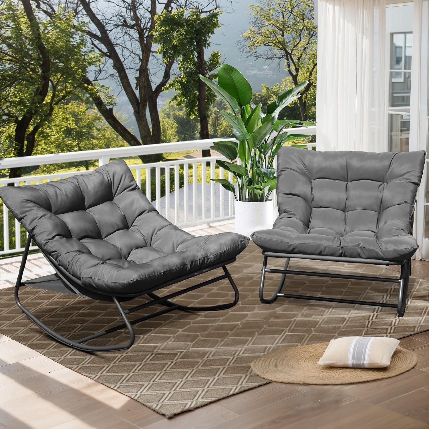 Outdoor & Indoor Oversized Rocking Chairs Set of 2, Modern Metal Lounge Rocking Chair with Thick Cushions, High Back Rocker Chair Set for Living Room, Patio, Porch, Garden, Backyard