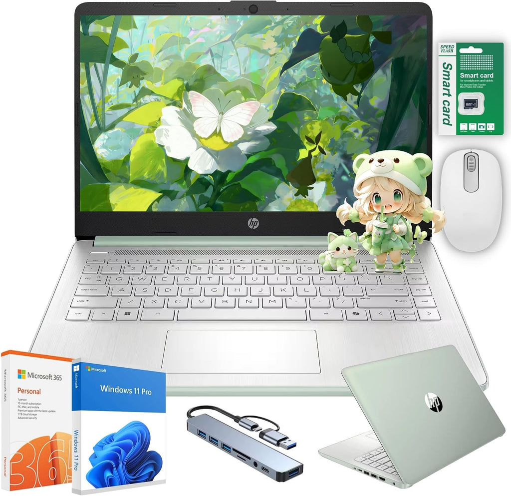 HP Ultra Thin 14' Laptop with Copilot, Intel N150, 16GB RAM, 384GB(128GB eMMC+256GB SD Card) • HUB • Mouse, Windows 11 Pro, 1-Year Office 365, Lightweight Green Notebook for Work & School