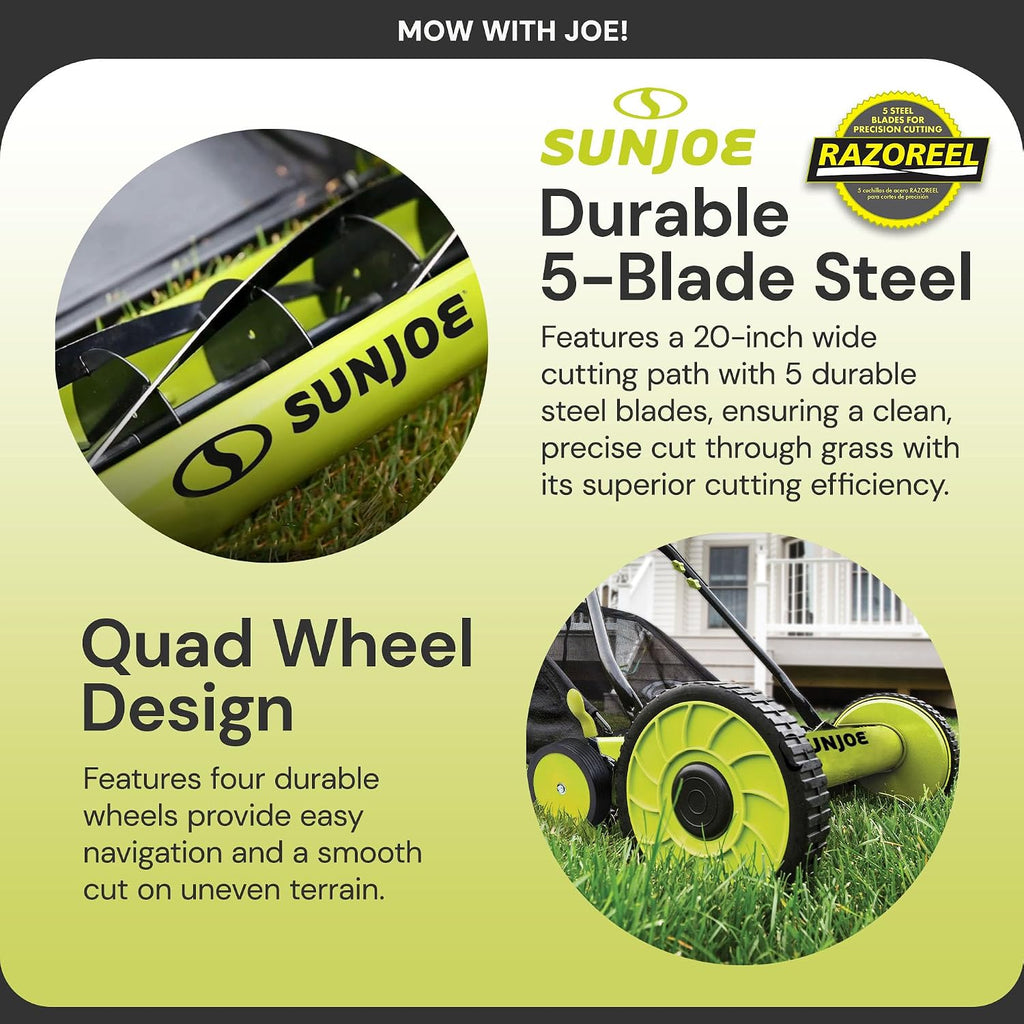 Sun Joe MJ502M Reel Mower w/ 8.5-Gallon, 9-Position Height Adjustment, Foam Grip, Compact Design, Green, 20-Inch Manual w/Grass Catcher