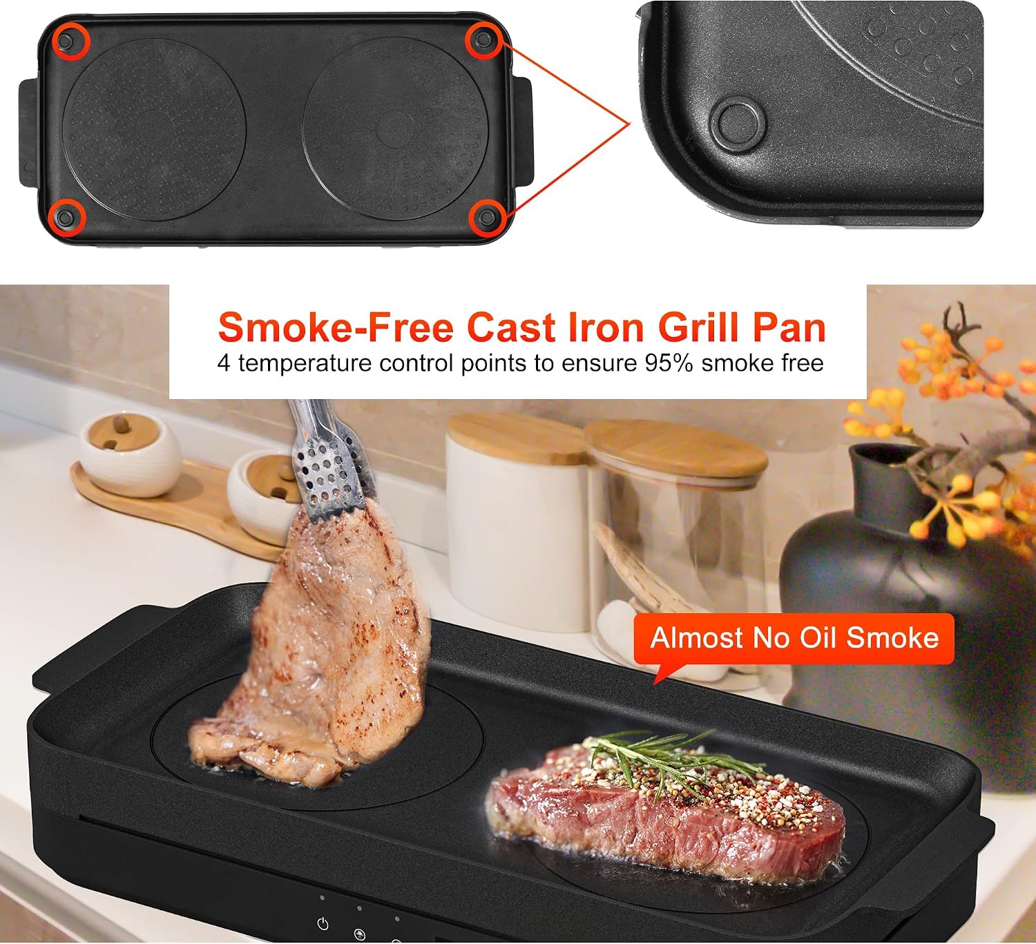 COOKTRON Portable Induction Cooktop 2 Burner with Removable Iron Cast Griddle Pan Non-stick, 1800W Double Induction Cooktop with Child Safety Lock & Time, Great for Family Party