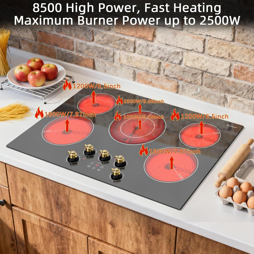Karinear Electric Cooktop 30 Inch, 5 Burner Radiant Cooktop with Knob & Touch Control, 8500W 240V Built-in Stove Top, 9 Power Levels, Timer, Child Lock, Pause, Residual Heat Indicator(Gold Knob)