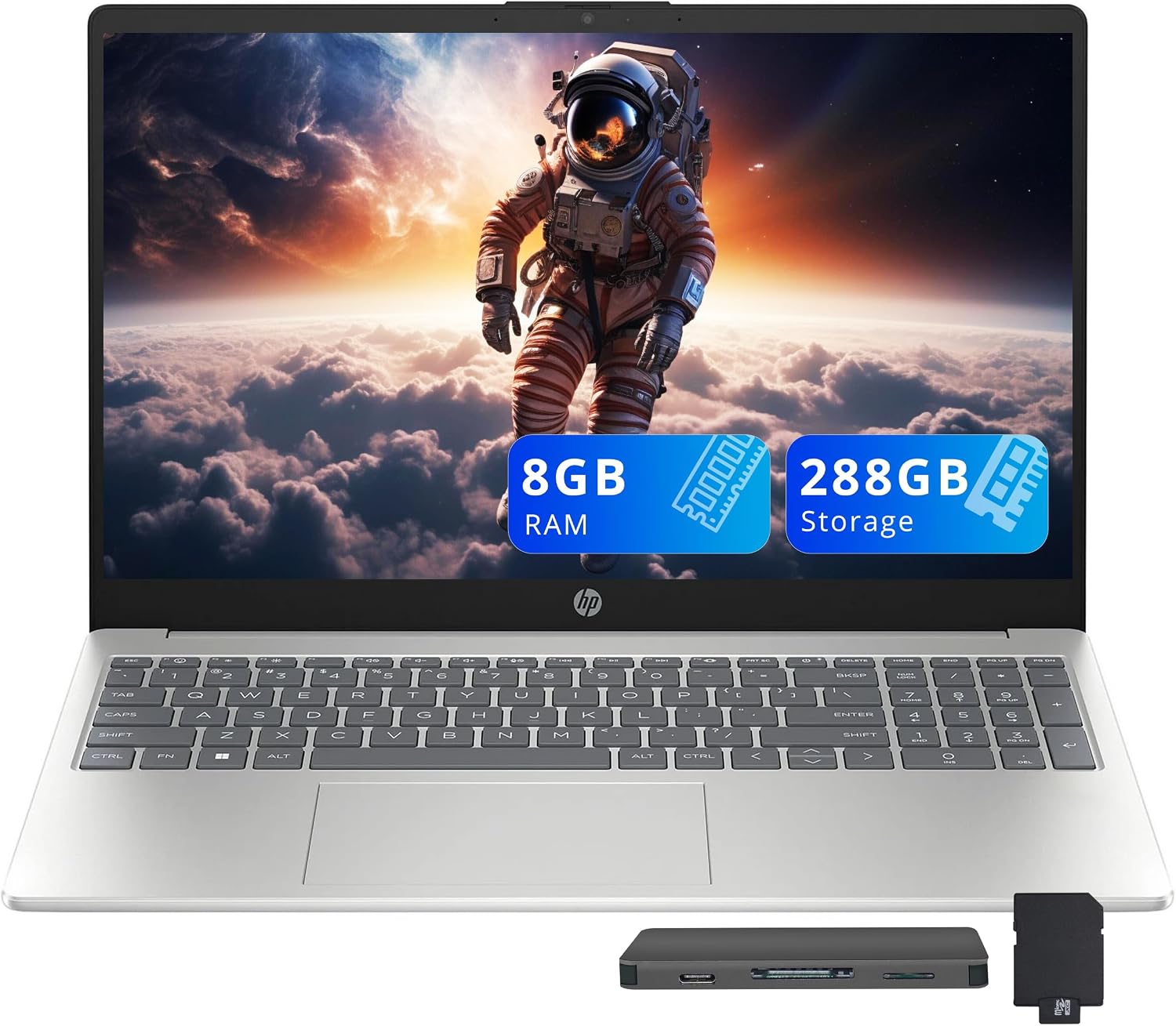 HP 15.6' HD Business Laptop, Intel i3-N305, 8GB DDR4, 288GB Storage(128GB UFS+160GB Docking Station Set), Intel UHD Graphics, Numeric Keypad, 720p HD Camera, Wi-Fi 6, Windows 11, Silver