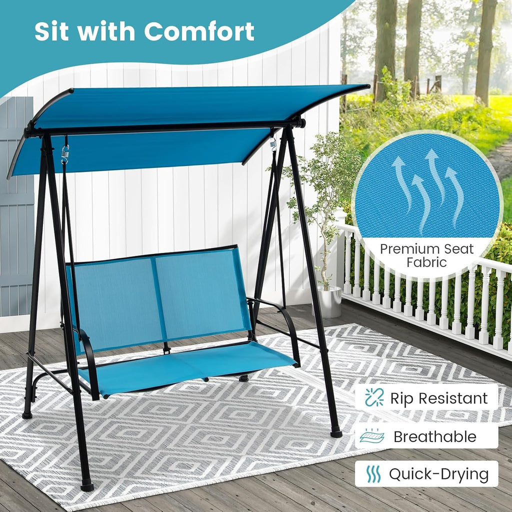 HAPPYGRILL Outdoor Patio Swing for 2 Person, Porch Swing Chair w/Adjustable Canopy, Heavy-Duty Metal Frame, Breathable Seat Fabric, Patio Loveseat Swing for Backyard, Balcony, Poolside