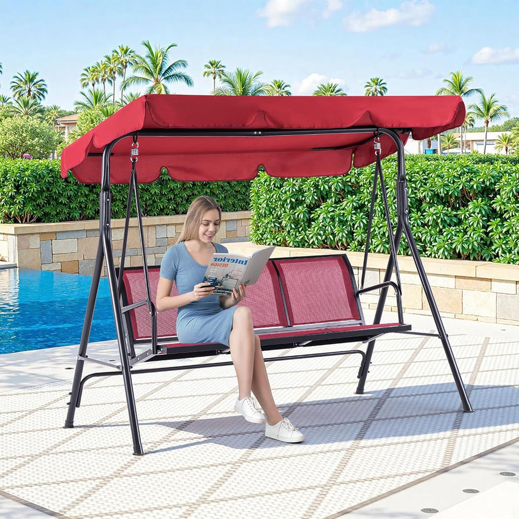 MCombo Outdoor Patio Canopy Swing Chair 3-Person, Steel Frame Textilence Seats Swing Glider, 4507 (Burgundy)