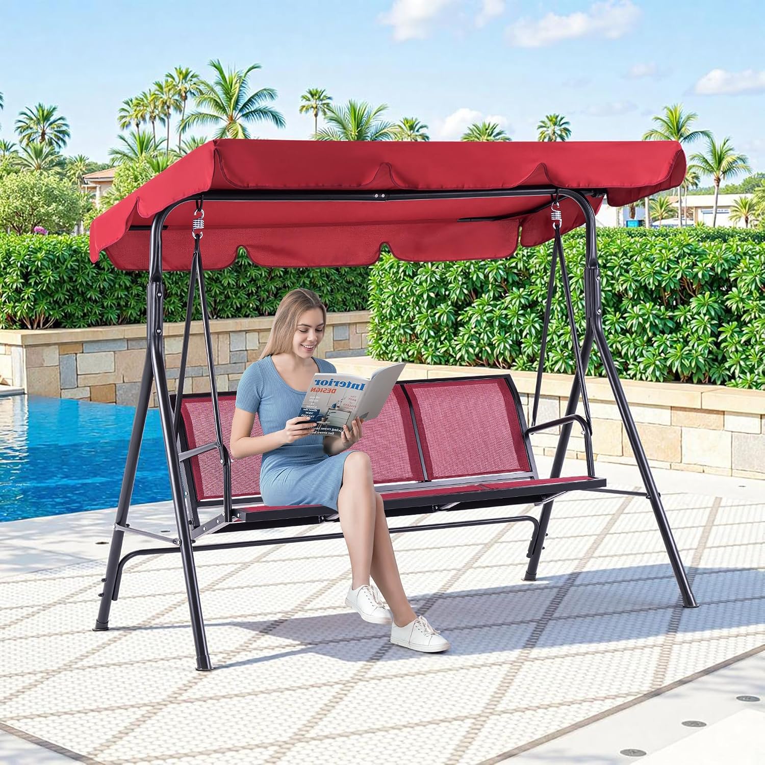 MCombo Outdoor Patio Canopy Swing Chair 3-Person, Steel Frame Textilence Seats Swing Glider, 4507 (Burgundy)