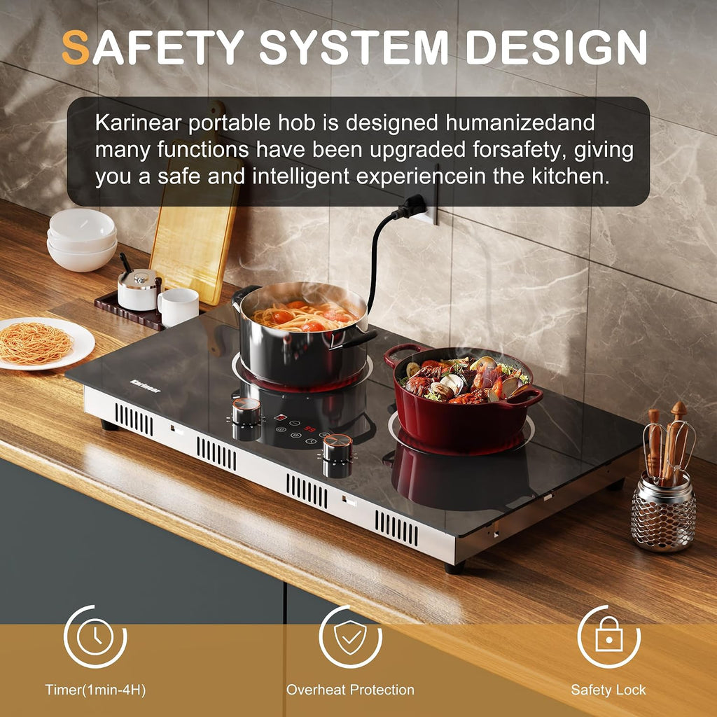 Karinear Electric Cooktop 2 Burner, 110V Electri Stove Top, 2000W Knob Control & Sensor Touch Electric Hot Plate for Countertop or Built-in Install, Timer, Safety Lock, 9 Power Level, 24 Inch