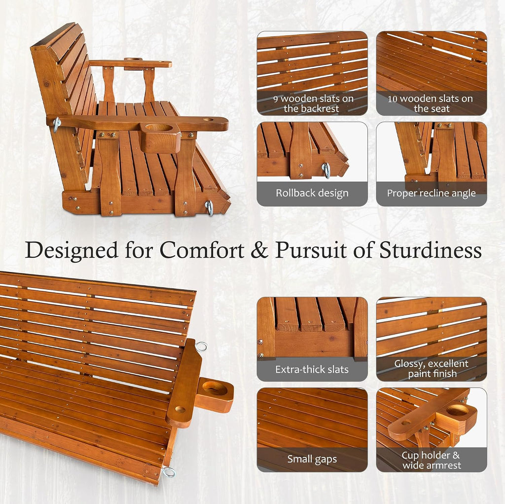Wooden Porch Swing 3-Seater, Bench Swing with Cupholders, Hanging Chains and 7mm Springs, Heavy Duty 800 LBS, for Outdoor Patio Garden (Warm Teak Color, 5 FT Extra Large)