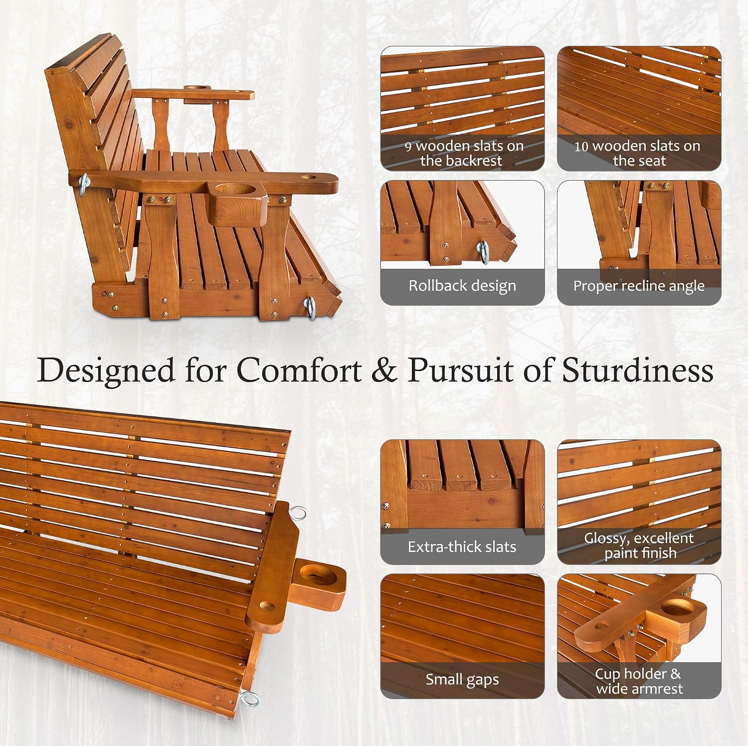 Wooden Porch Swing 3-Seater, Bench Swing with Cupholders, Hanging Chains and 7mm Springs, Heavy Duty 800 LBS, for Outdoor Patio Garden (Warm Teak Color, 5 FT Extra Large)