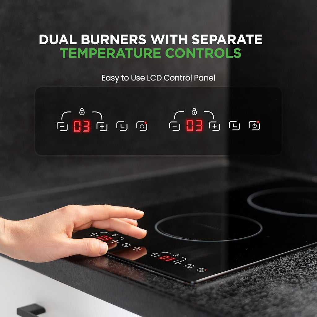 NutriChef Dual Induction Cooktop - 2 Glass Countertop Burner Zones, Adjustable Temperature Settings, 1800W Electric Cooker, Digital Touch Sensors, Portable Induction Hot Plate