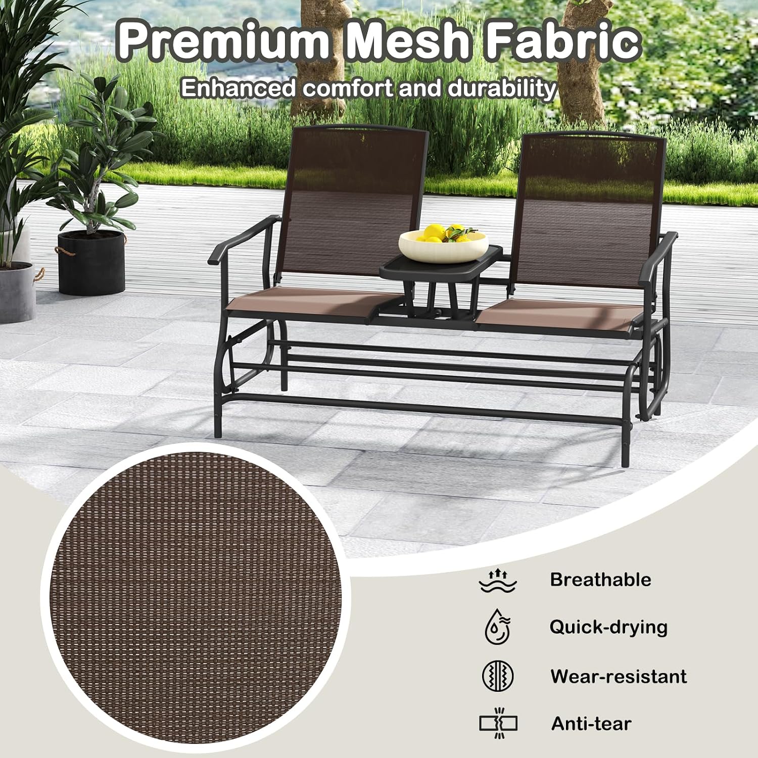 Tangkula 2 Person Swing Glider Chair, Patio Rocking Loveseat w/Center Tempered Glass Table, Outdoor Swing Bench w/Steel Frame & Breathable Mesh Fabric for Porch, Balcony, Poolside (Brown)