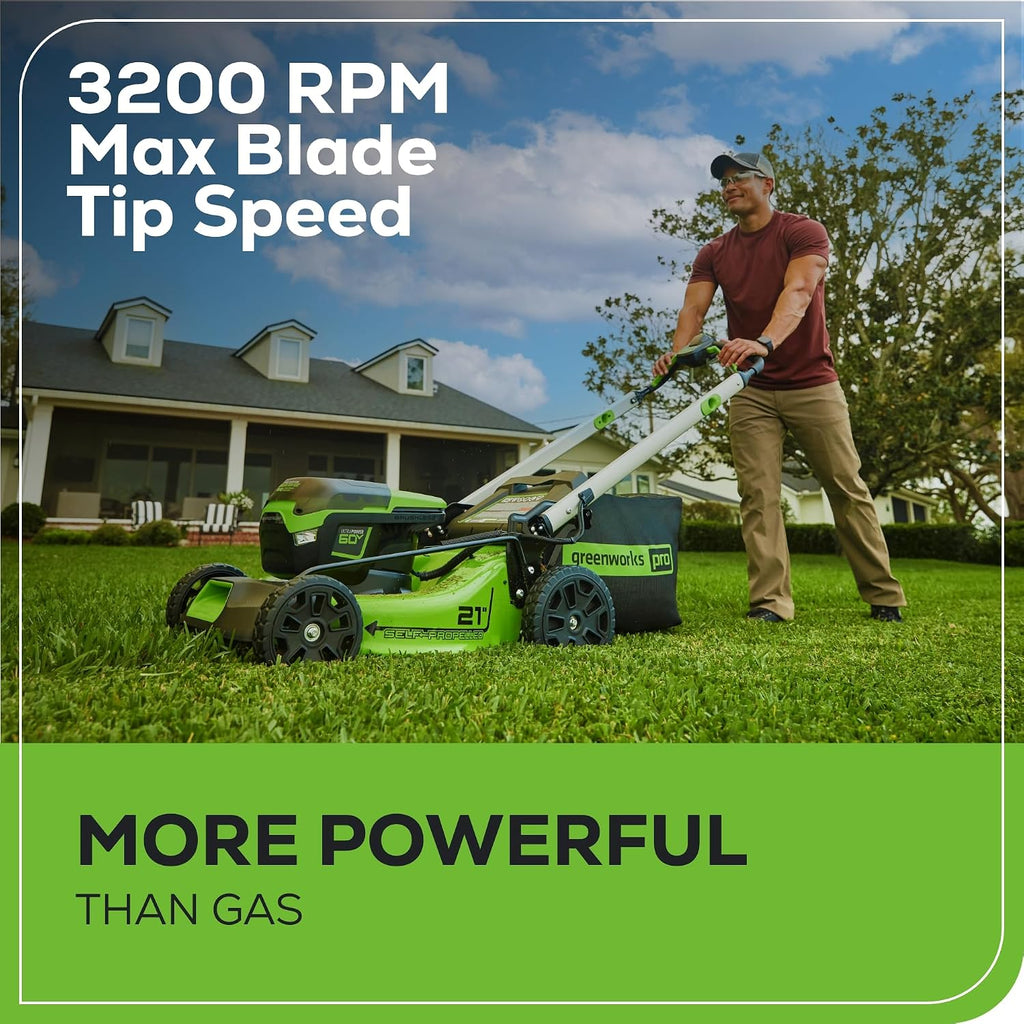 Greenworks 60V 21' Brushless (Self-Propelled) Cordless Lawn Mower, 2 x 4.0Ah Batteries (3/4 Acre, Rapid Charger, 4-in-1, LED Lights, IPX4)