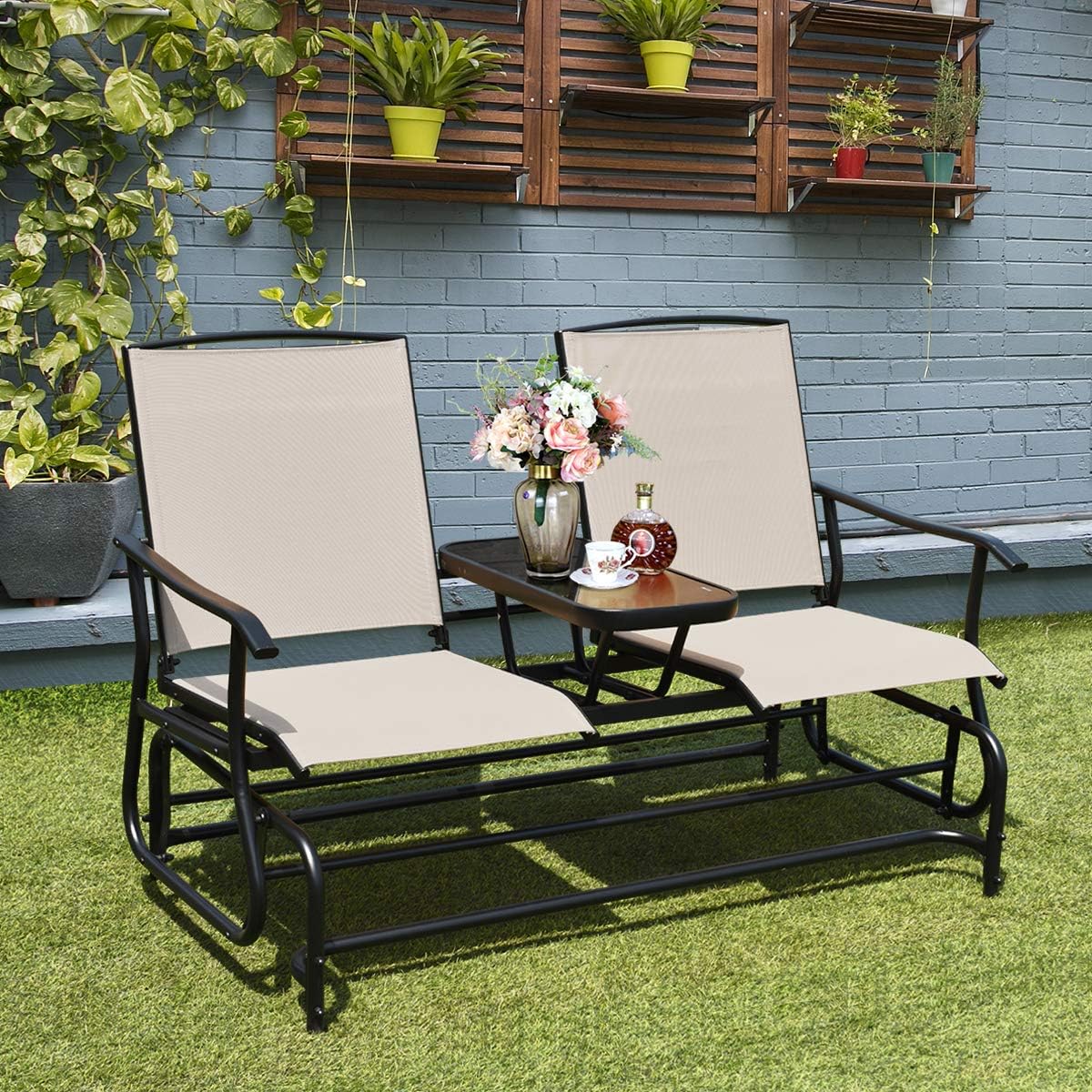 Giantex Patio Bench Glider Chair with Metal Frame, Center Tempered Glass Table, Outside Double Rocking Swing Loveseat for Porch, Garden, Poolside, Balcony, Lawn Rocker Outdoor Glider Bench(Beige)