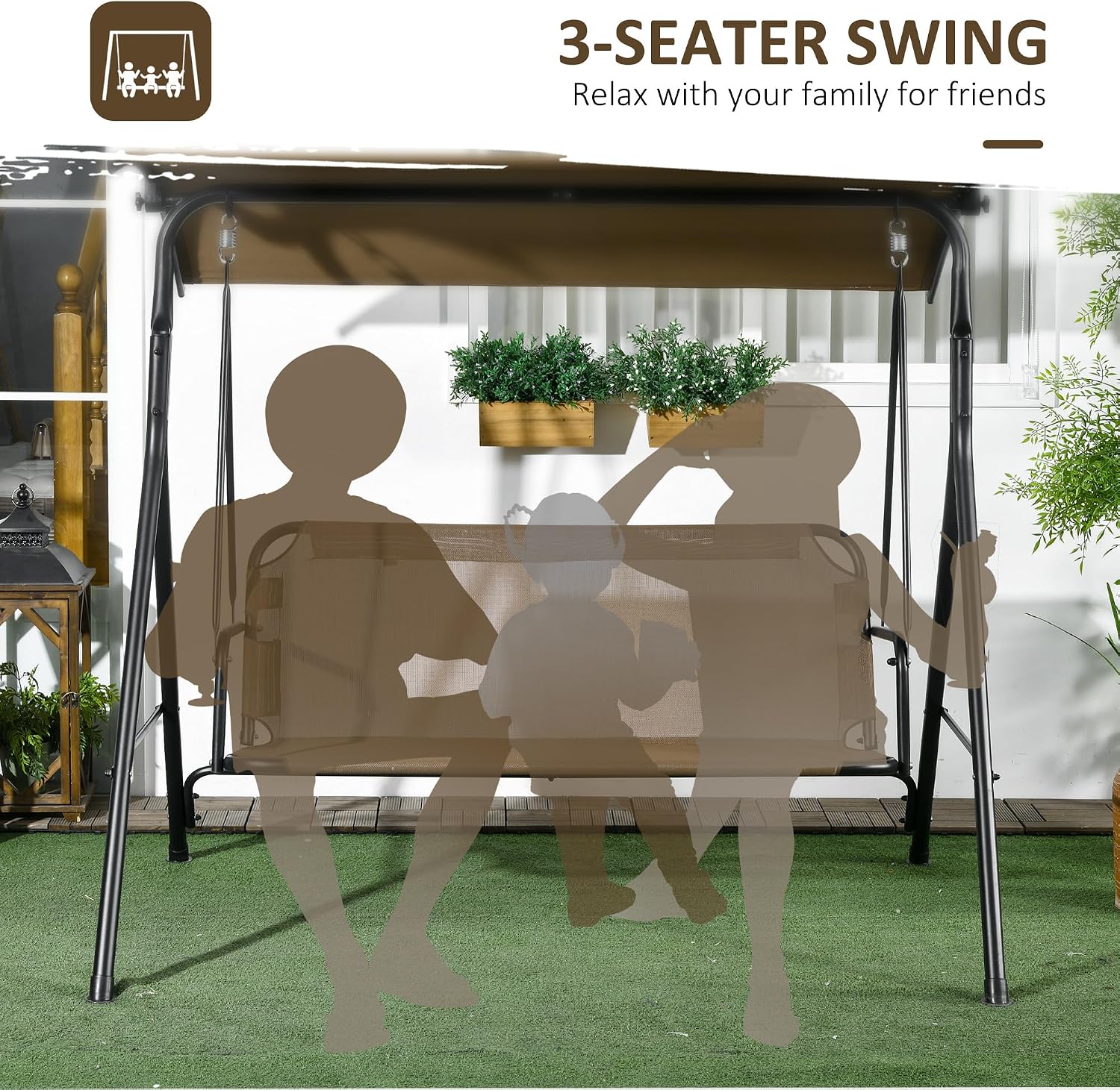 Outsunny 3-Person Porch Swing with Stand, Outdoor Swing for Patio Porch with Adjustable Tilt Canopy and Comfortable Swing Bench-Style Seat, Steel Frame, Brown