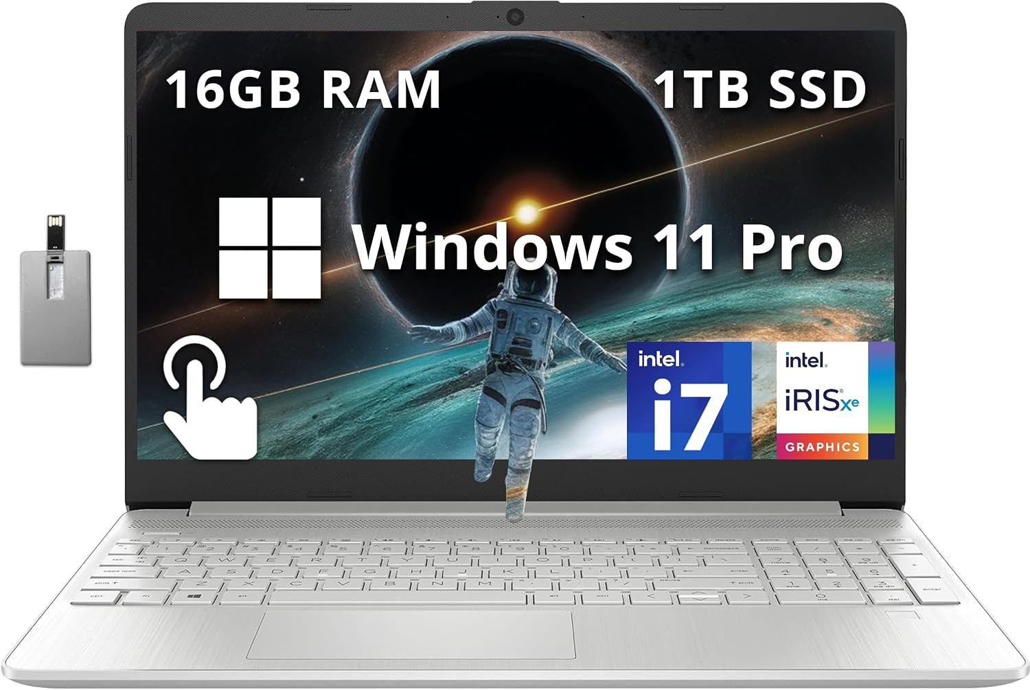 HP 15.6' FHD Touchscreen Business Laptop, Intel i7-1255U, 16GB RAM, 1TB PCIe SSD, Intel Iris Xe Graphics, Num Pad, Webcam, Windows 11 Pro, Natural Silver, 32GB Hotface USB Card