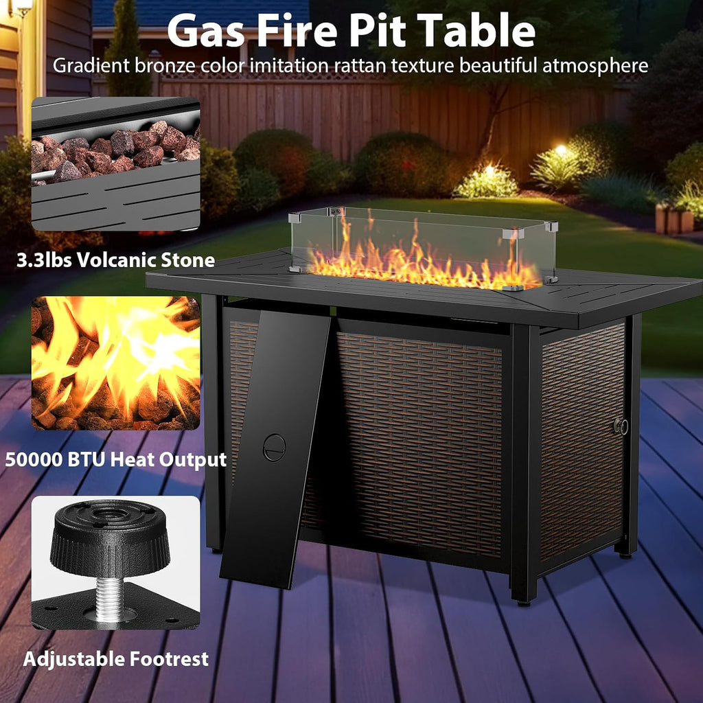 5 Piece Patio Furniture Set with Fire Pit Table - Wicker Patio Conversation Set with Swivel Glider, 3-Seat Sofa, Tempered Glass Side Table for Deck Backyard - Brown Wicker Beige Cushion
