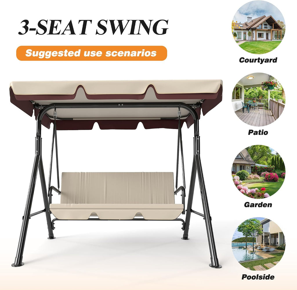 GARTOO 3-Seat Patio Swing Chair, Outdoor Porch Swing with Adjustable Canopy and Durable Steel Frame for Patio, Garden, Poolside (Beige)