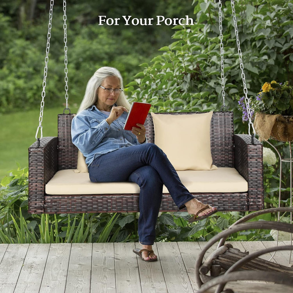VINGLI Rattan Porch Swing, Heavy Duty 800 LBS Outdoor Hanging Seat with Extra Cushion and Adjustable Chain, the Porch Swing Seat Made by Wicker Suits for Garden, Yard, Lawn (Brown, 4 FT)