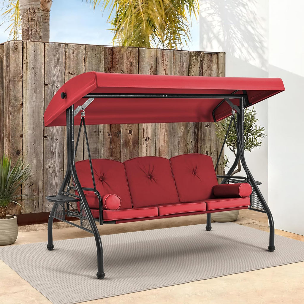 HOMREST 3 Seat Outdoor Porch Swing with Adjustable Canopy, Convertible Patio Swing Bed with Stand, Patio Glider Swing with Upgraded Cup Holder, Thicken Cushions ＆ Pillow for Backyard(Wine Red)