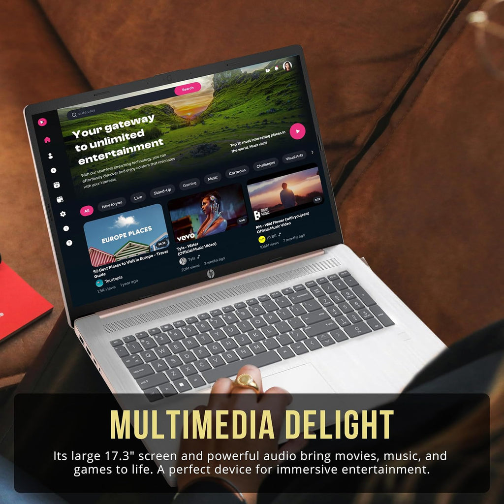 HP 17.3' HD+ BrightView Laptop, Intel Celeron N4120, 4GB RAM, 416GB Storage (256GB SSD + 160GB Docking Station Set), Intel UHD Graphics, Full-Size Keyboard, Webcam, Wi-Fi, Windows 11 Home, Rose Gold