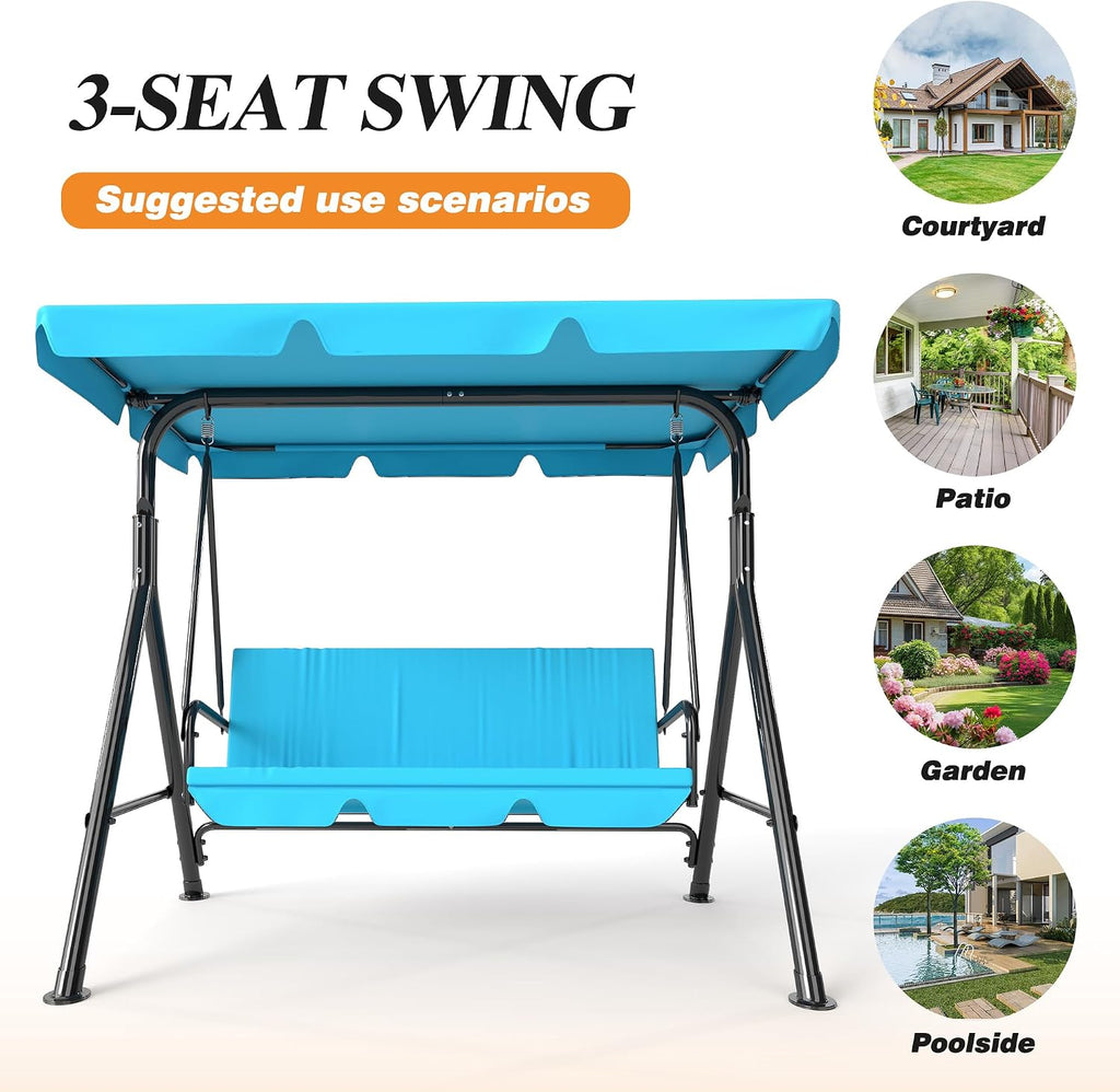 GARTOO 3-Seat Patio Swing Chair, Outdoor Porch Swing with Adjustable Canopy and Durable Steel Frame for Patio, Garden, Poolside(Turquoise)