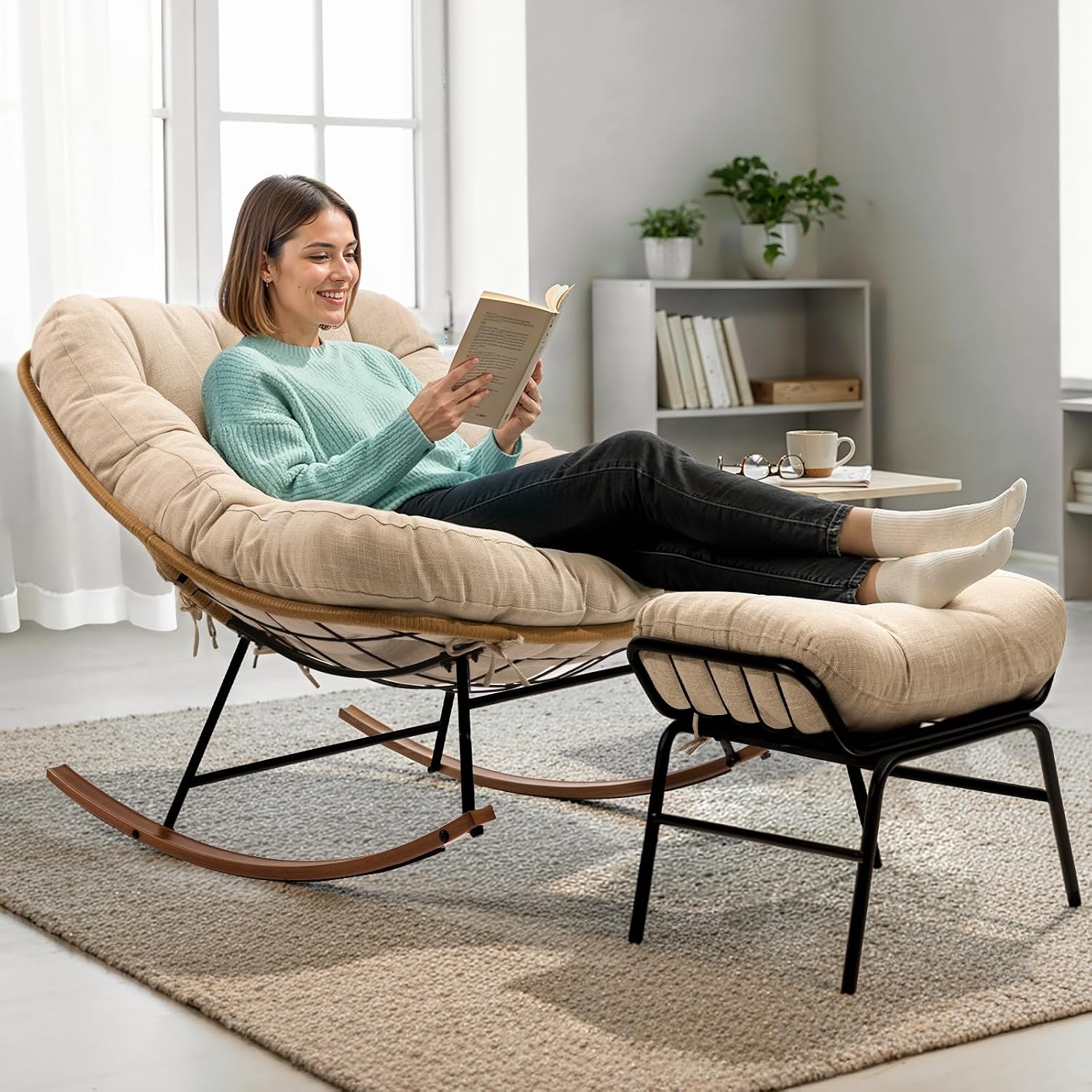 Bme Outdoor and Indoor Patio Rocking Chair with Ottoman, Wood Texture Rocker with Beige Cushion, 7'' Thick, 400lbs Capacity, Sturdy Construction, Ergonomic Design, Quick Assembly, Floor ensureor