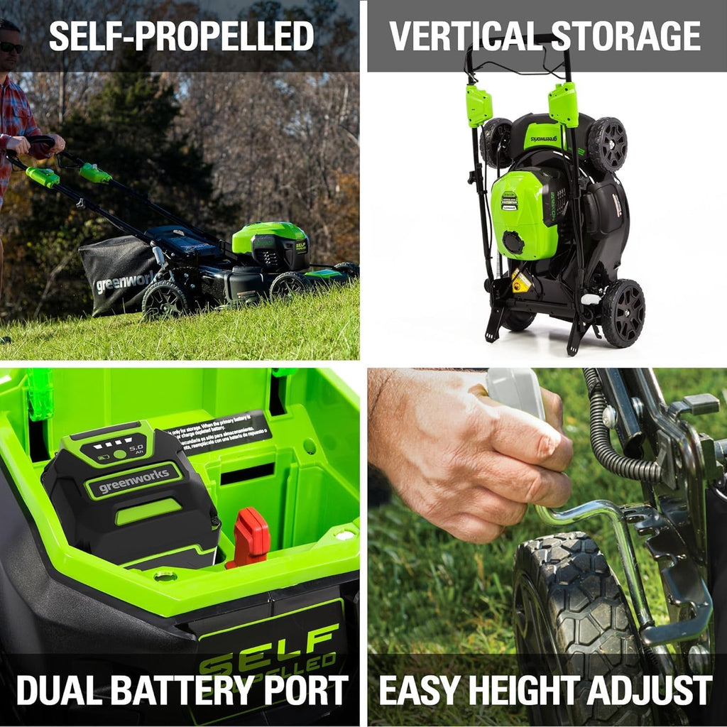 Greenworks 40V 21' Self-Propelled Mower,Axial Leaf Blower,12' String Trimmer with Batteries and Chargers