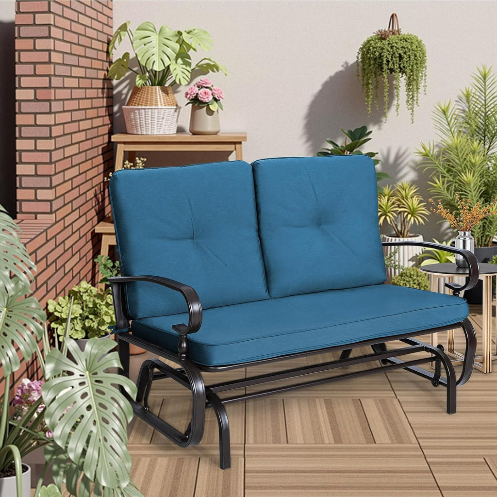 Incbruce Outdoor Swing Glider Rocking Chair Patio Bench for 2 Person, Garden Loveseat Seating Patio Steel Frame Chair Set with Cushion, Peacock Blue