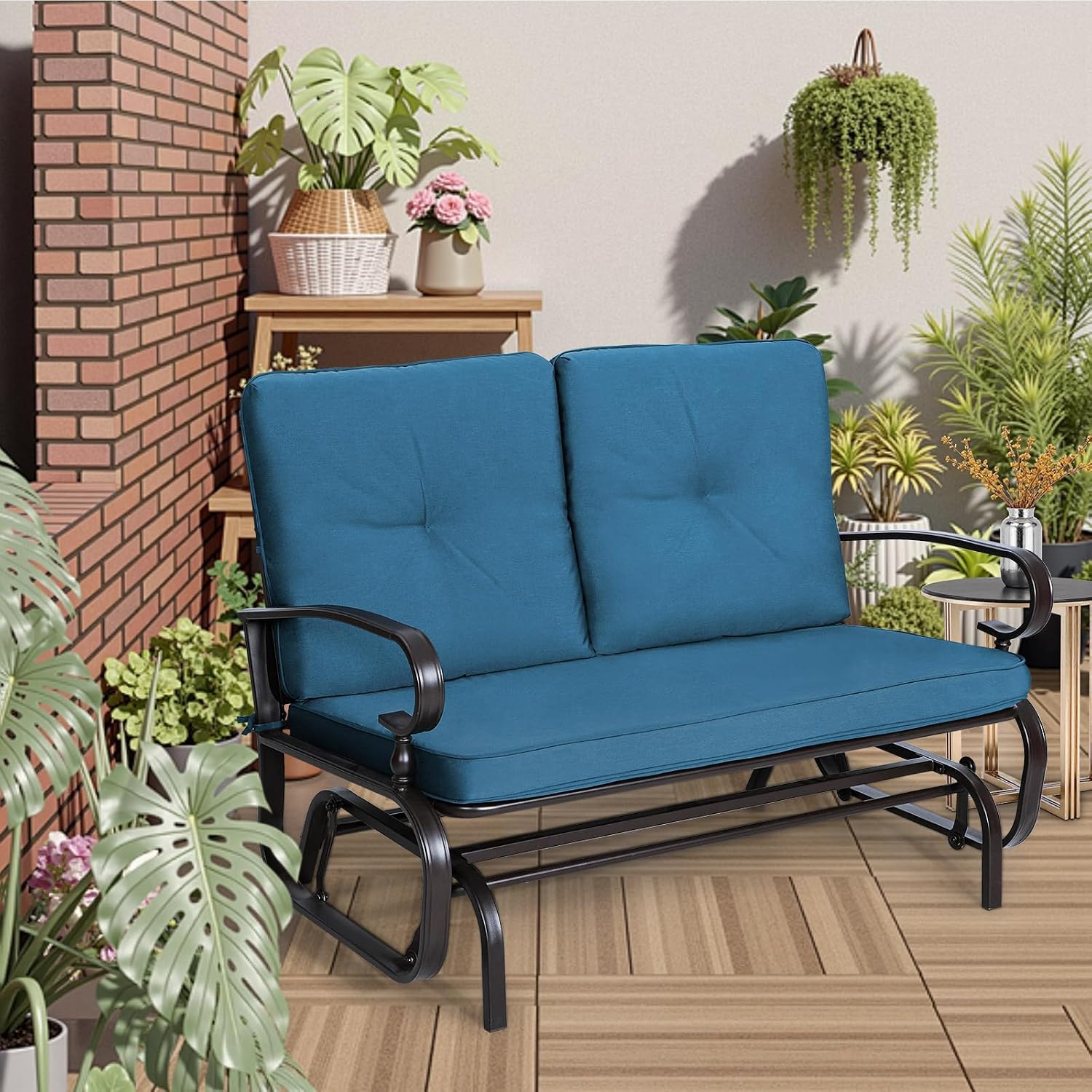 Incbruce Outdoor Swing Glider Rocking Chair Patio Bench for 2 Person, Garden Loveseat Seating Patio Steel Frame Chair Set with Cushion, Peacock Blue