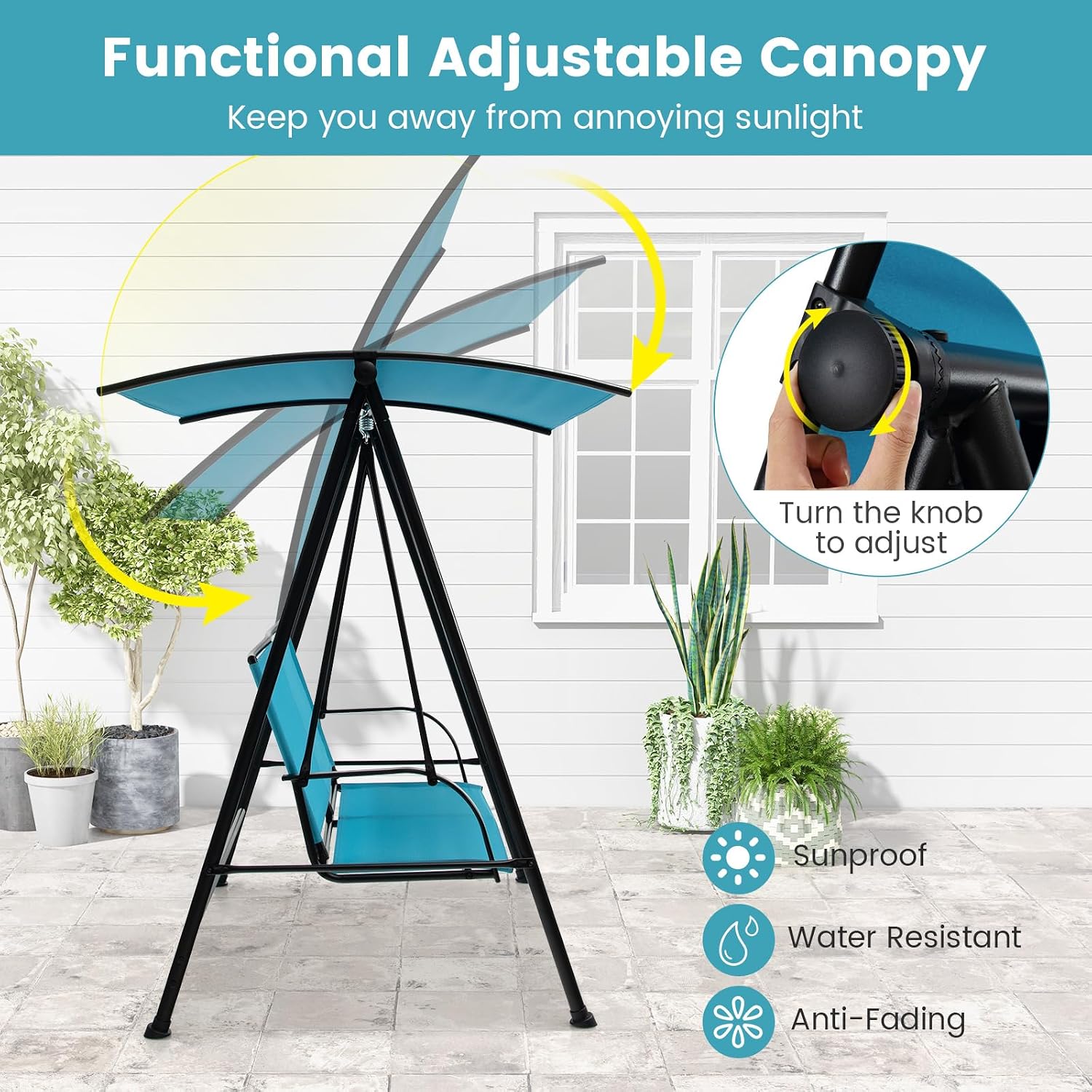 HAPPYGRILL Outdoor Patio Swing for 2 Person, Porch Swing Chair w/Adjustable Canopy, Heavy-Duty Metal Frame, Breathable Seat Fabric, Patio Loveseat Swing for Backyard, Balcony, Poolside