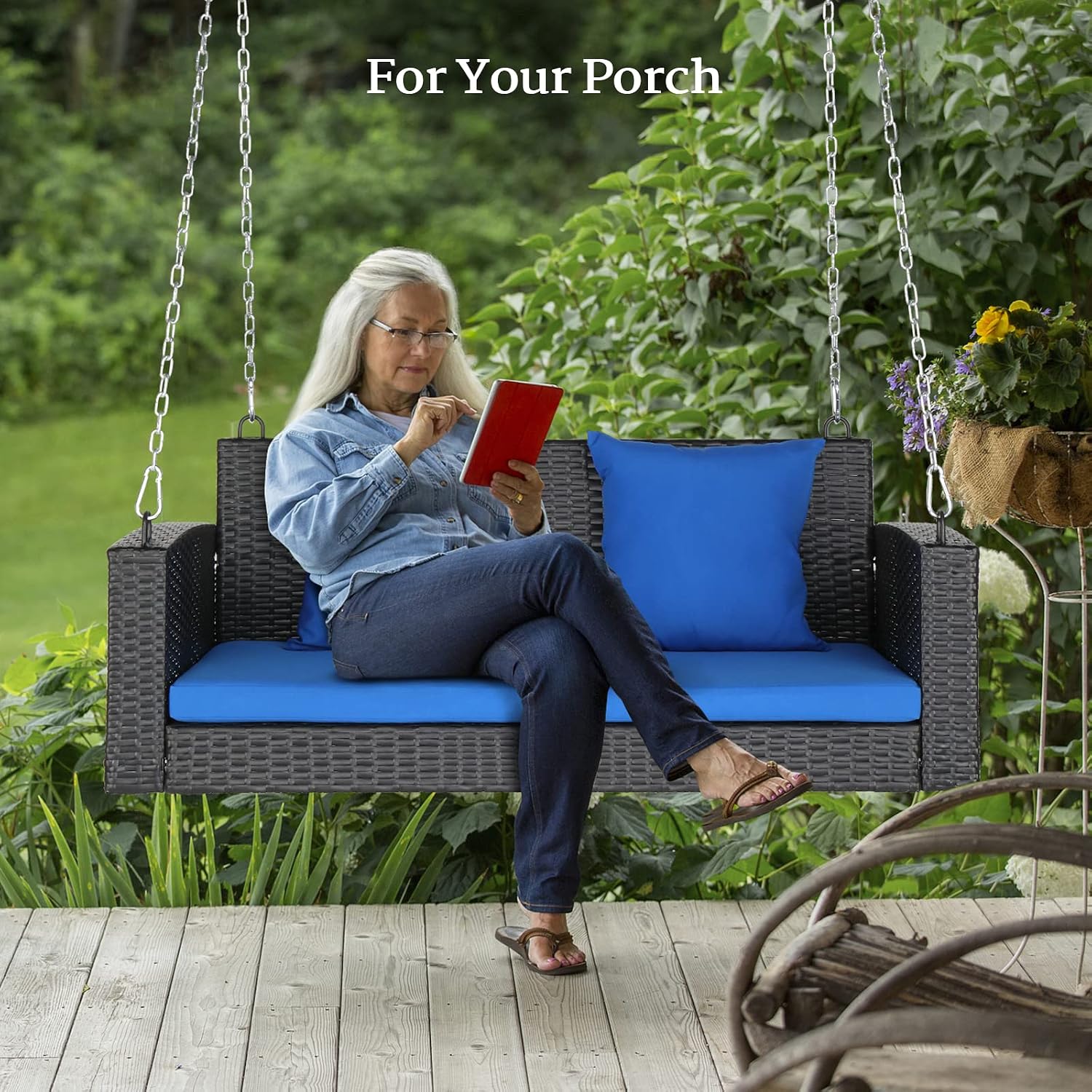 VINGLI Rattan Porch Swing, Heavy Duty 800 LBS Outdoor Hanging Seat with Extra Cushion and Adjustable Chain, the Porch Swing Seat Made by Wicker Suits for Garden, Yard, Lawn (Black, 4 FT)
