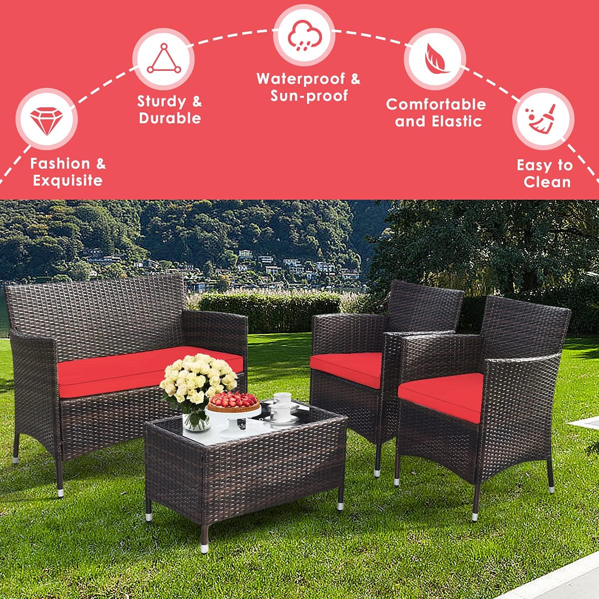 Goplus 4-Piece Rattan Patio Set, Outdoor/Indoor Wicker Conversation Set for Pool, Backyard, Lawn, Wicker Chairs and Sofa with Soft Cushion, Rattan Furniture with Tempered Glass Coffee Table