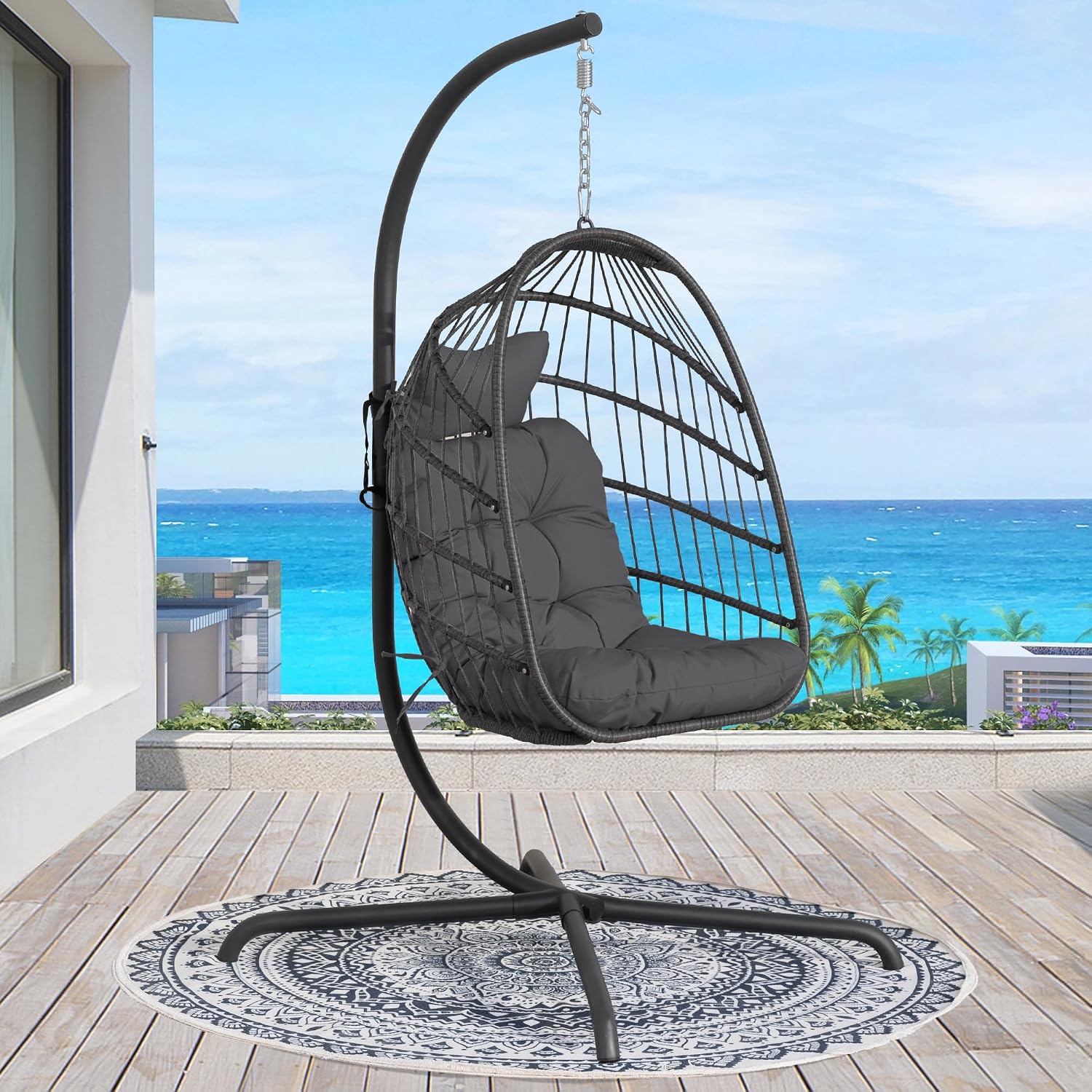 FINCATI Patio Swing Egg Chair with Stand,350lbs Egg Hanging Chair with Stand, Hammock Egg Chairs with Cushion for Outdoor Bedroom Balcony Dark Grey