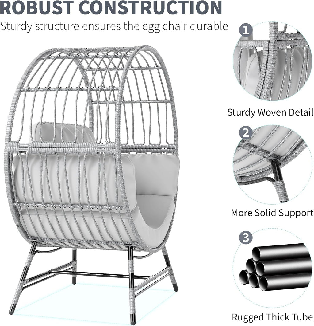 Fancyango Egg Chair Outdoor Indoor, Oversized Rattan Chair with Thicken Cushion, 350LBS Capacity Wicker Patio Lounge Chair, Basket Chair for Living Room Balcony Porch Backyard, Grey/Light Grey