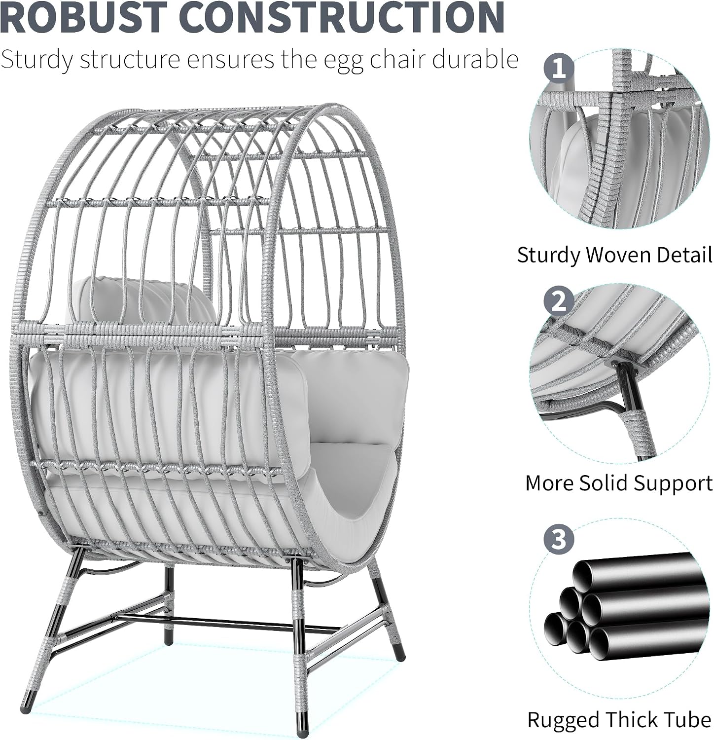 Fancyango Egg Chair Outdoor Indoor, Oversized Rattan Chair with Thicken Cushion, 350LBS Capacity Wicker Patio Lounge Chair, Basket Chair for Living Room Balcony Porch Backyard, Grey/Light Grey