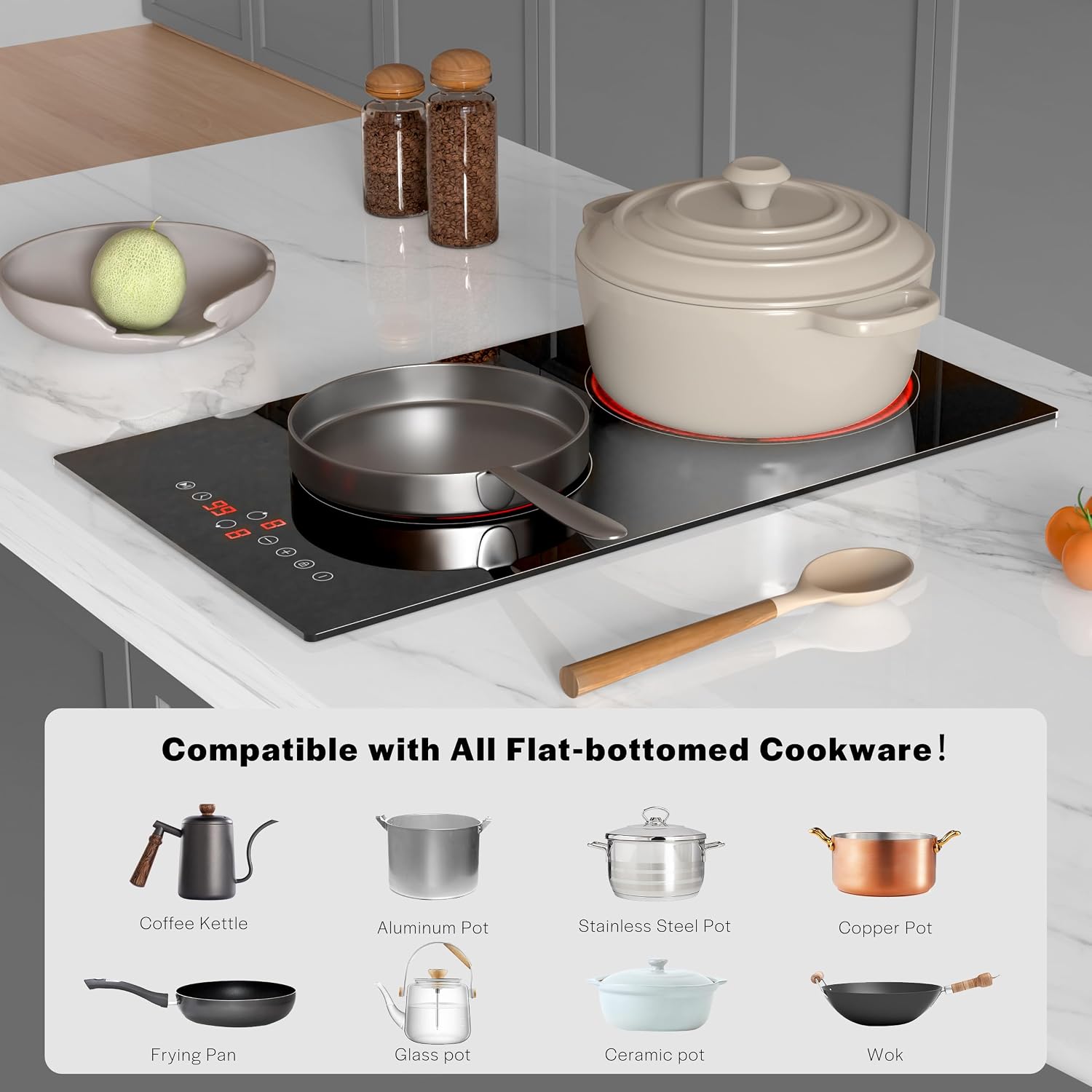 Empava 12 Inch Built-in Electric Cooktop with 2 Burners, Touch Control, Individual Timers, Stop & Go, Child Lock, Flush Mount Design, ETL Certified, 1200W & 1800W Zones, Hard Wired(No Plug)