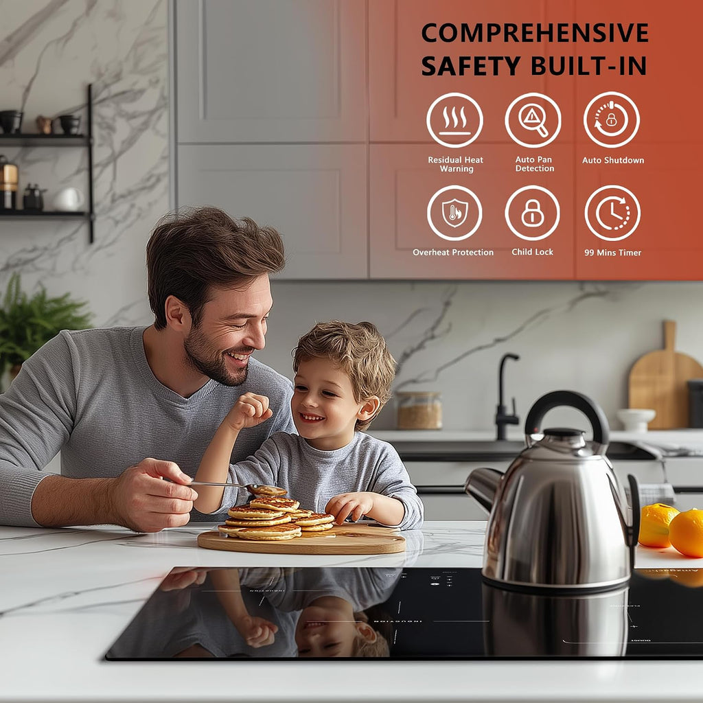 30 Inch Induction Cooktop - 4 Burner Built-In Electric Stove with Bridge-SYNC, Booster, Timer & Child Lock | 9000W 220-240V Hardwired, Black Glass Top