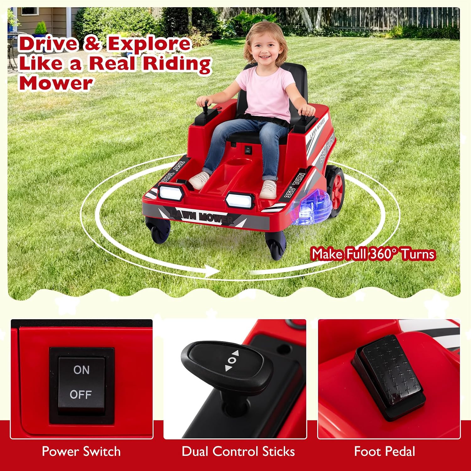 Costzon Ride on Lawn Mower for Kids, 12V Toddler Electric Car with 360° Twist and Turn, Dual Control Sticks, LED Lights, Outdoor Ride on Toy Gift for Boys & Girls Aged 3-8 (Red)