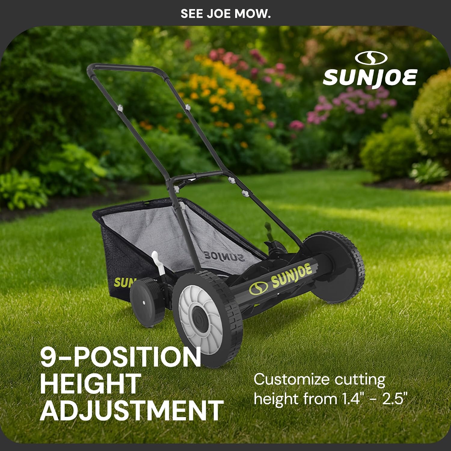 Sun Joe MJ501M w/ 7-Gallon Detachable Grass Catcher, 9-Position Height Adjustment, 5 Steel Blades, Compact Design, 18-Inch Manual, Green/Black