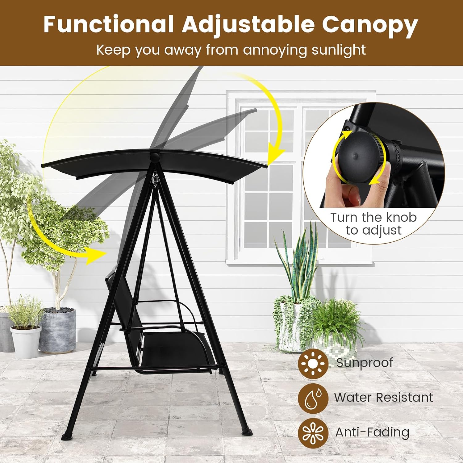 HAPPYGRILL 2-Person Outdoor Swing with Canopy, Patio Porch Swing Chair with Heavy-Duty Metal Frame, Breathable Seat Fabric, Patio Loveseat Swing for Backyard, Balcony, Poolside