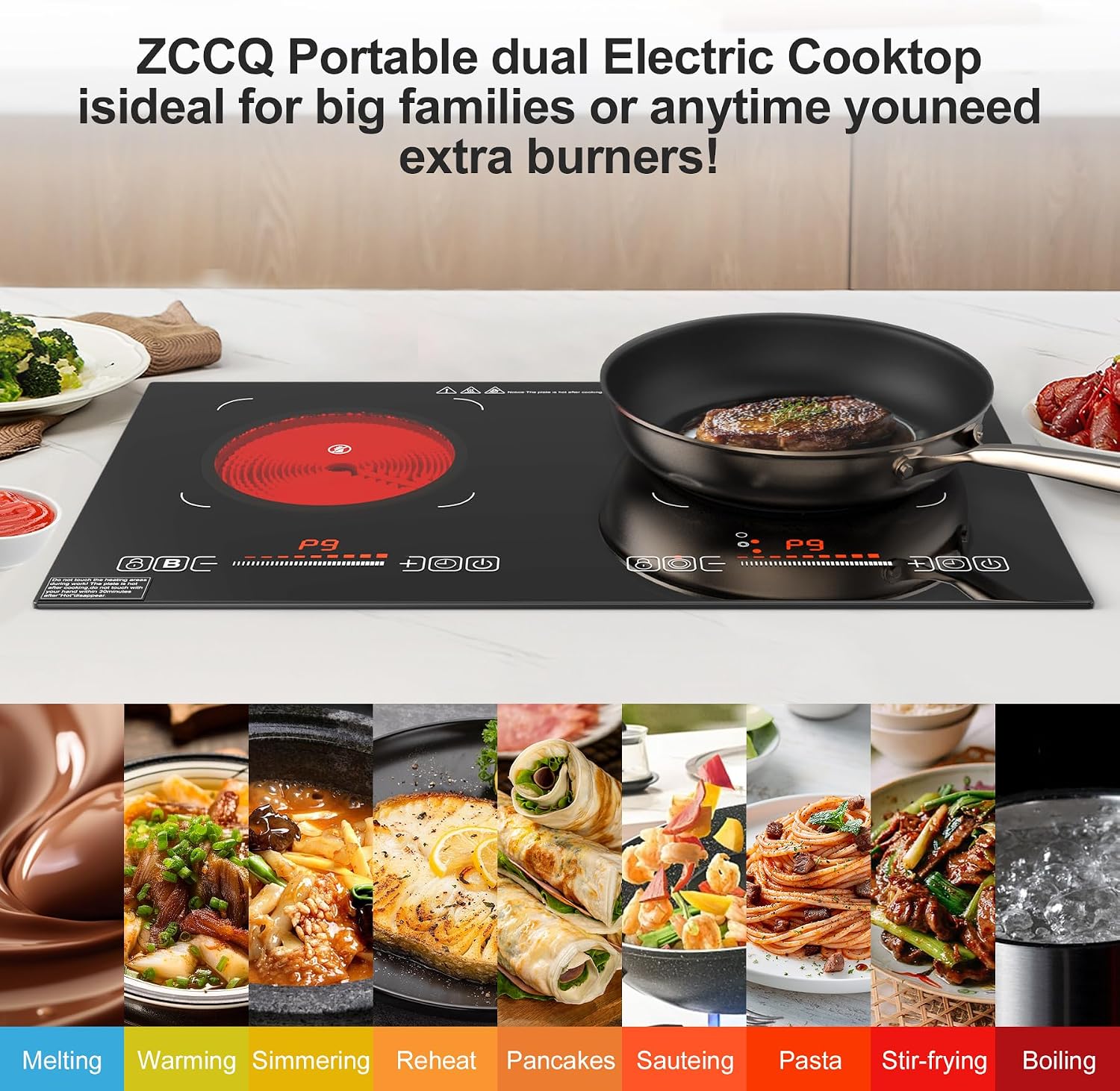 Electric Cooktop,110V 2400W,Countertop and Built-in Electric Stove top,2 Burner induction Cooktop with11 Power Levels,Child Safety Lock, Timer, LED touch control,Overheat Protection