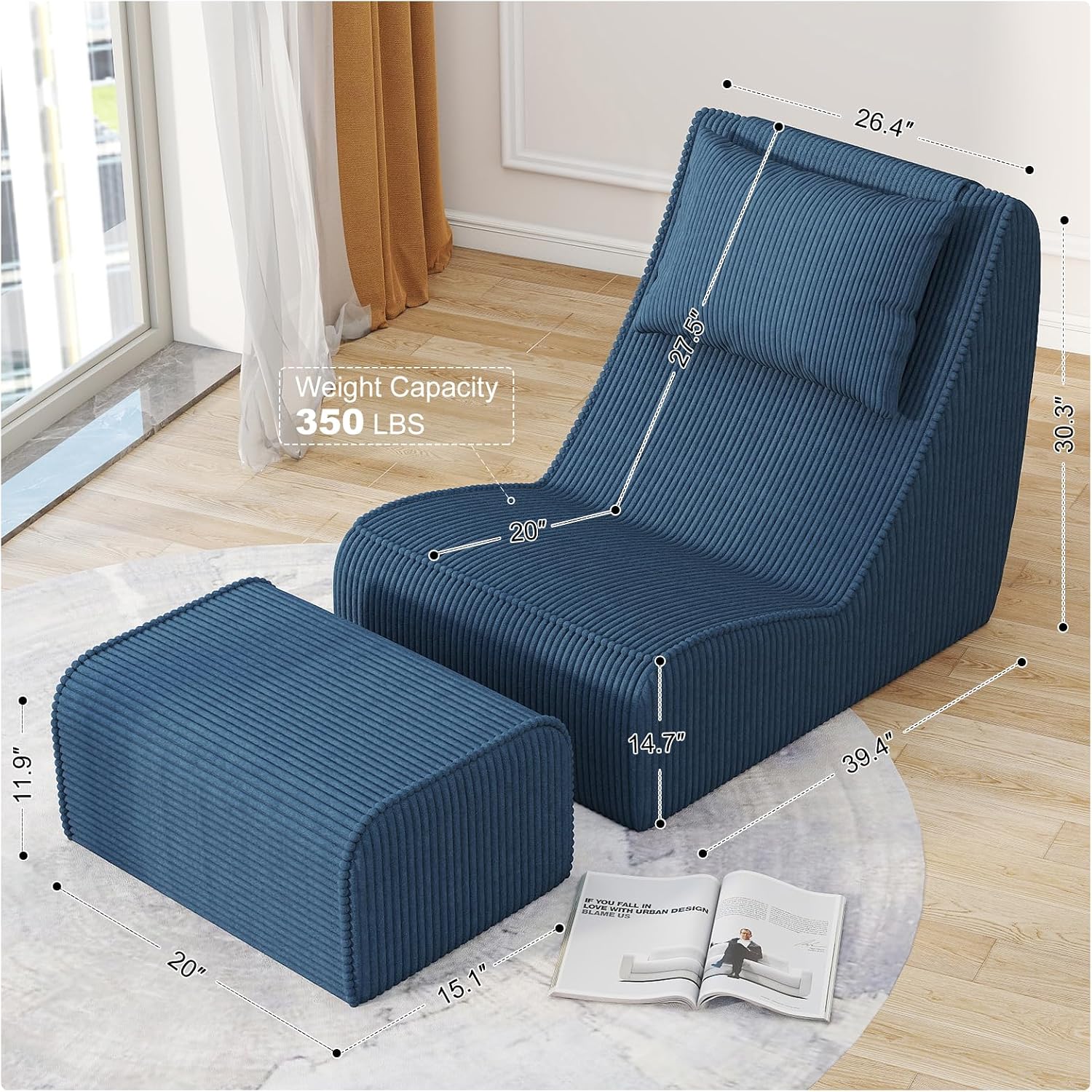 Giant Bean Bag Chair for Adults,Corduroy Chaise Lounge with Unrivaled Back Support, Detachable Neck Pillow, Comfortable Ottoman & Washable Cover for Living Room, Bedroom, Garden (Royal Blue)