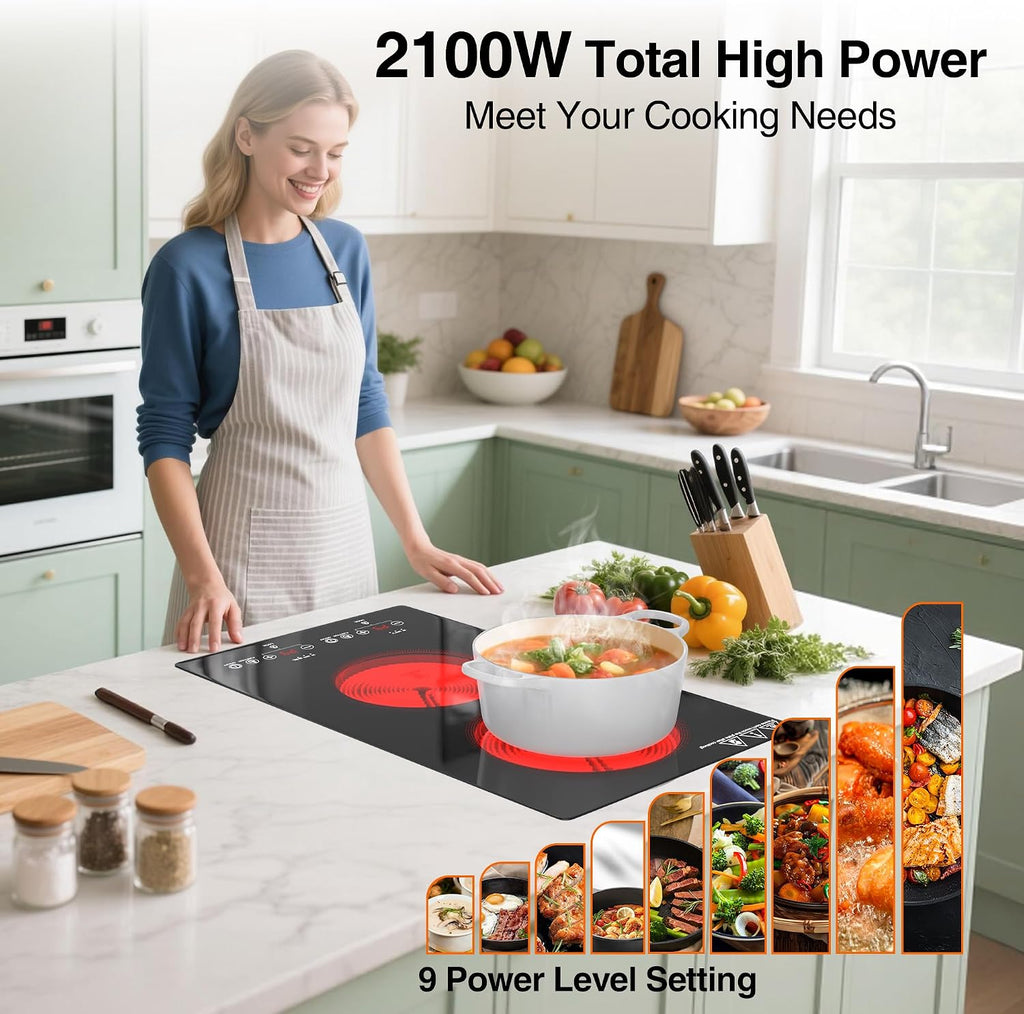 WABK Electric Cooktop 2 Burners, 12' Electric Stove Top with Plug in, Sensor Control Countertop & Built-in Ceramic Cooktop, Keep-Warm, 9 Heating Level, Timer, Child Lock, Compatible with All Cookware