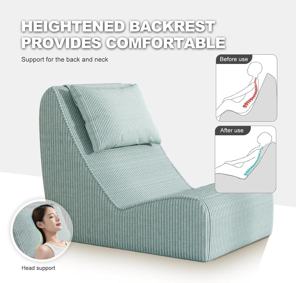 Giant Bean Bag Chair for Adults,Corduroy Chaise Lounge with Unrivaled Back Support, Detachable Neck Pillow, Comfortable Ottoman & Washable Cover for Living Room, Bedroom, Garden(Mint Green)